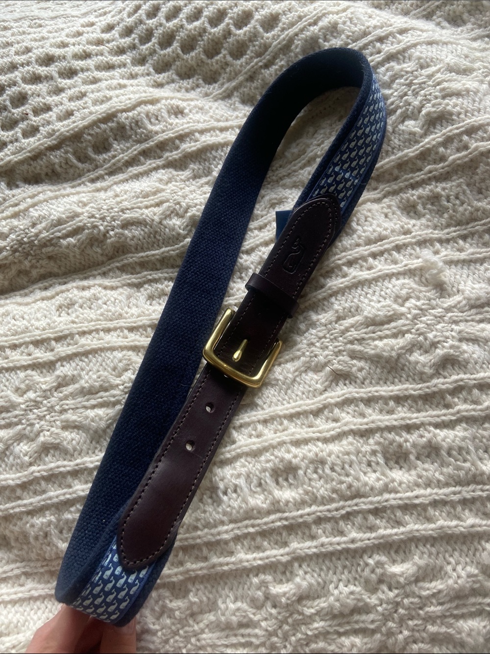 Vineyard Vines Navy Blue Whales Belt with Brown Leather Trim and Gold Buckle 32